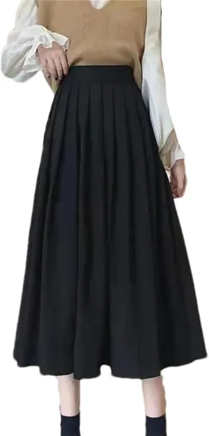 Women's Vintage High Waist Pleated A-Line Skirt - Maxi Length Retro College Elastic Waist for Campus Casual Wear