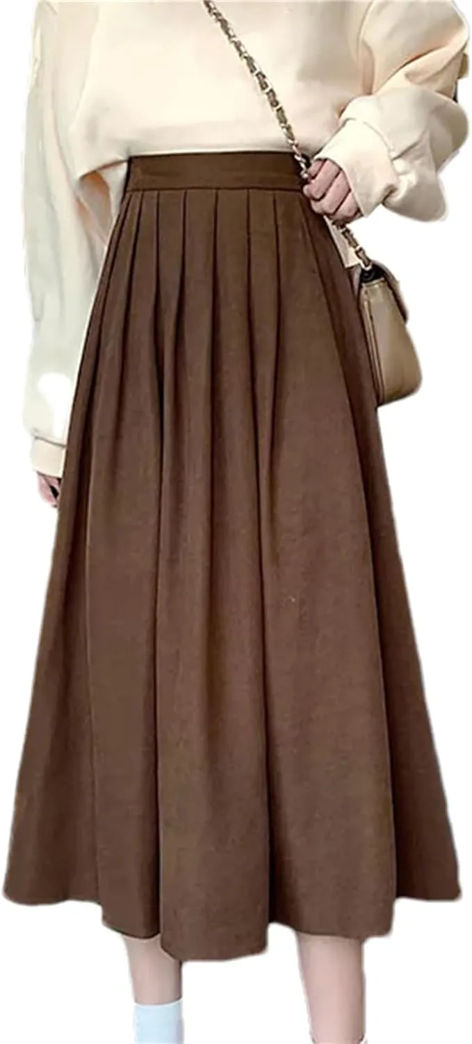Women's Vintage High Waist Pleated A-Line Skirt - Maxi Length Retro College Elastic Waist for Campus Casual Wear