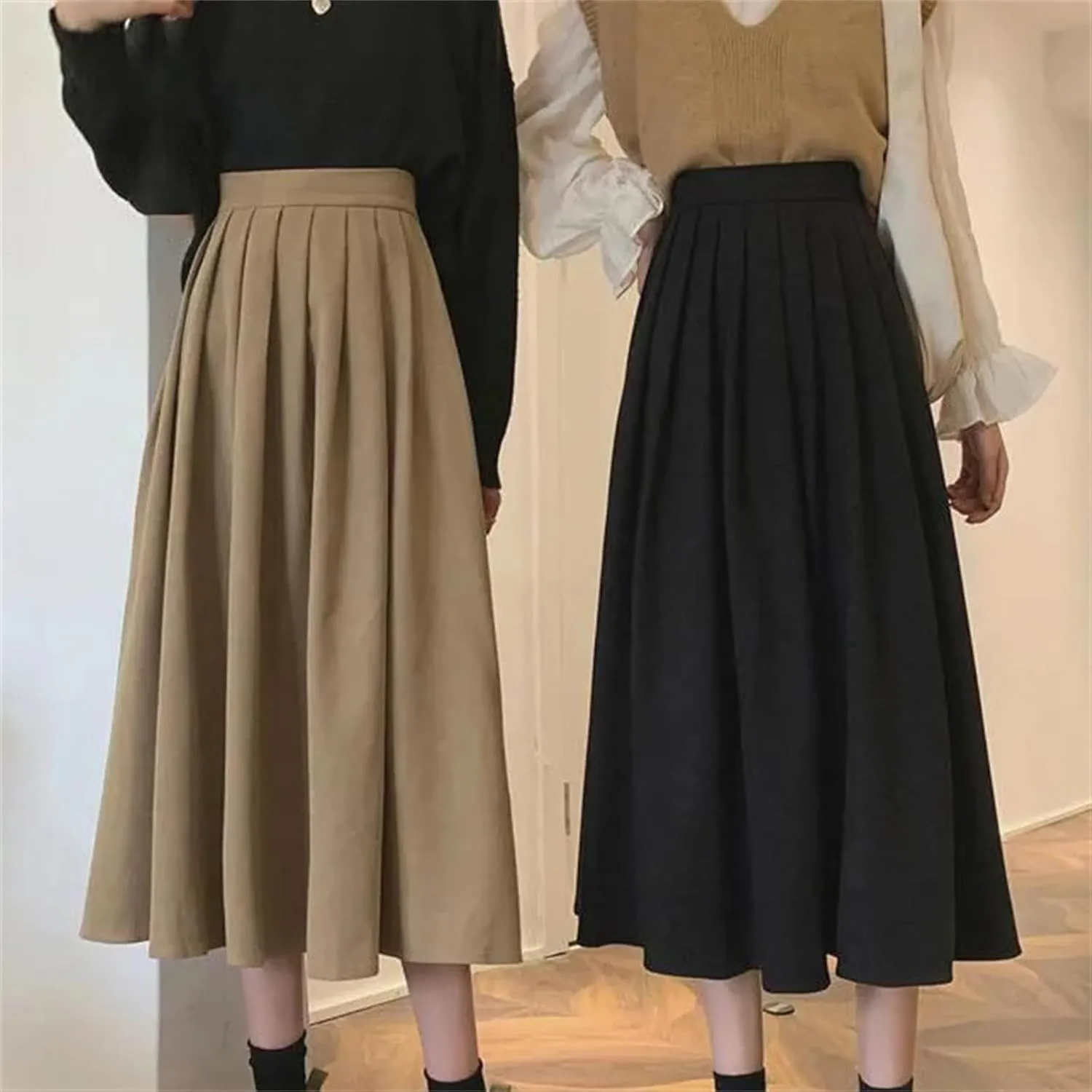 Women's Vintage High Waist Pleated A-Line Skirt - Maxi Length Retro College Elastic Waist for Campus Casual Wear