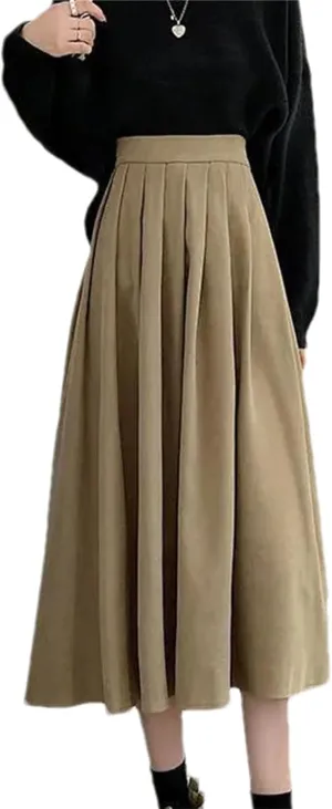 Women's Vintage High Waist Pleated A-Line Skirt - Maxi Length Retro College Elastic Waist for Campus Casual Wear