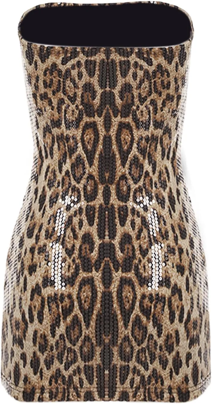 Women's Y2k Leopard Print Tube Mini Dress Sparkle Sequin Sexy Strapless Backless Bodycon Dresses
