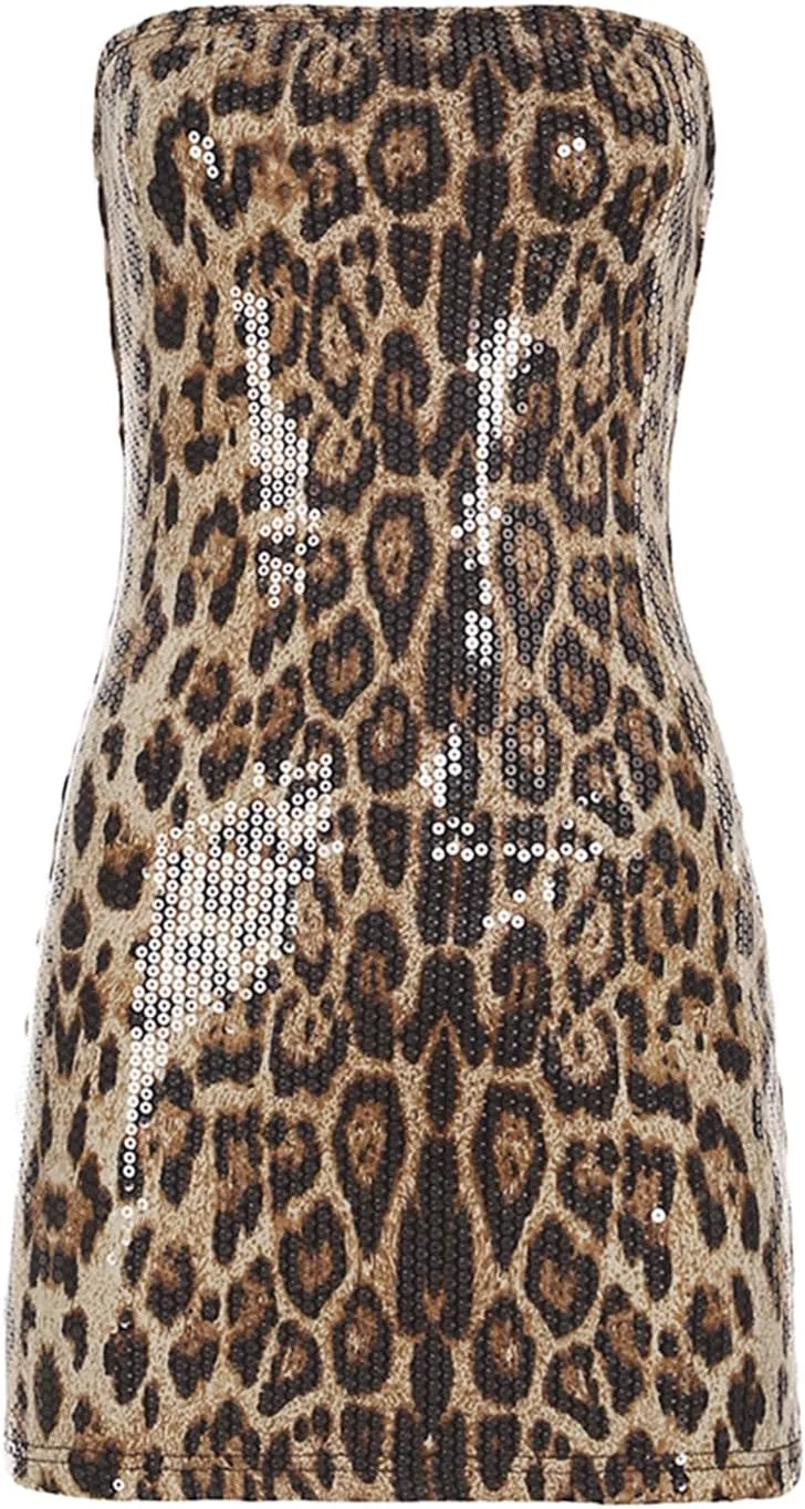 Women's Y2k Leopard Print Tube Mini Dress Sparkle Sequin Sexy Strapless Backless Bodycon Dresses