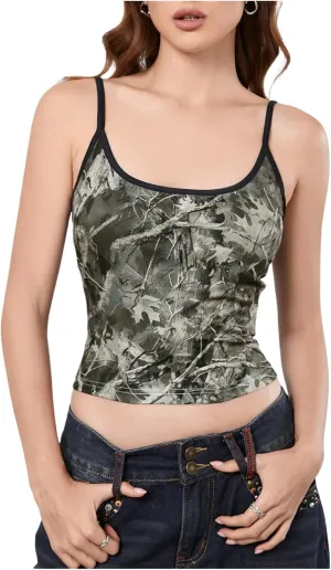 Women's Y2k Vintage Camo Print Camisole Spaghetti Strap Scoop Neck Cropped Cami Tank