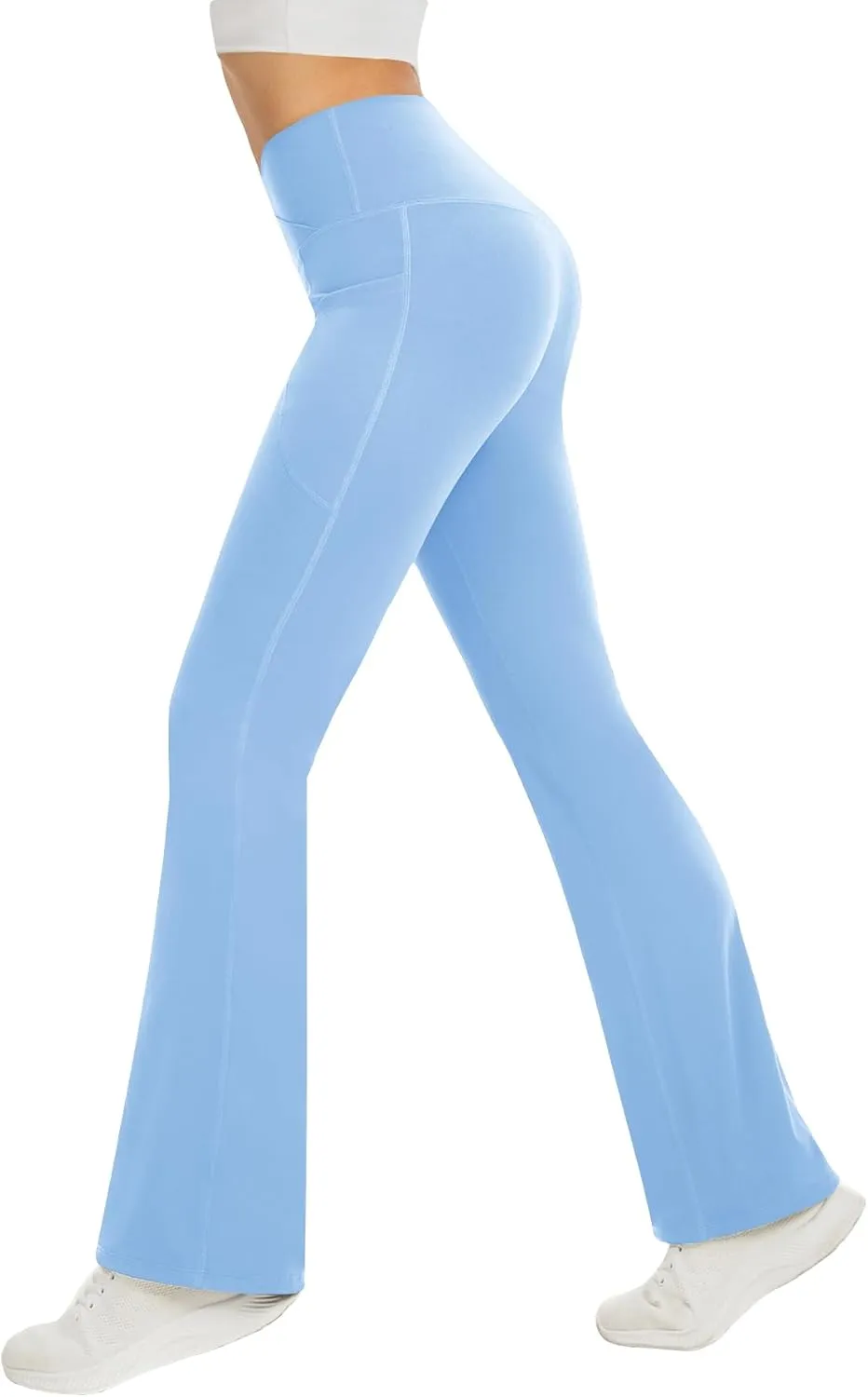 Women's Yoga Pants with Pockets No Front Seam Crossover High Waisted Flare Leggings Tummy Control Bootcut Pants