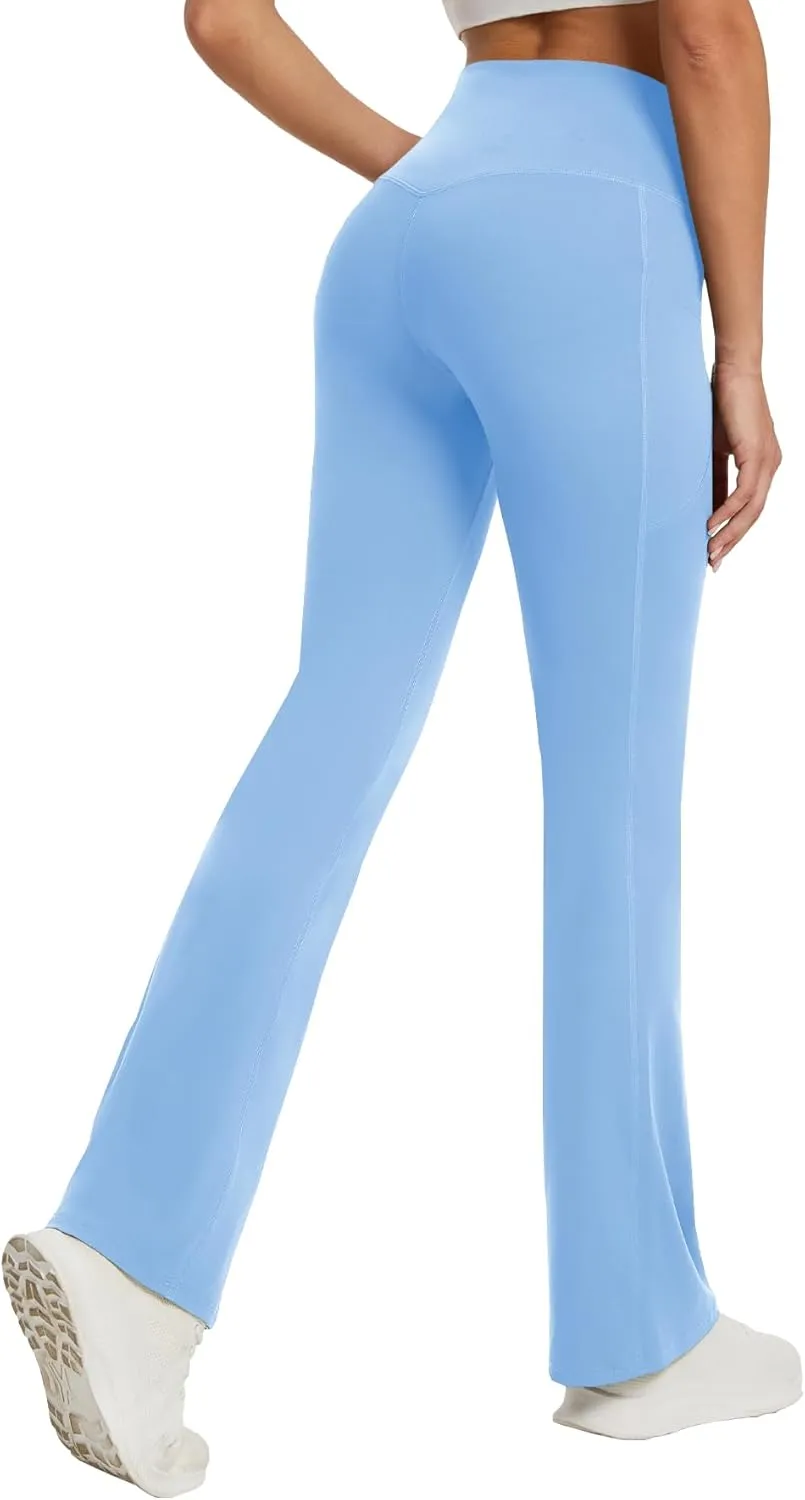 Women's Yoga Pants with Pockets No Front Seam Crossover High Waisted Flare Leggings Tummy Control Bootcut Pants