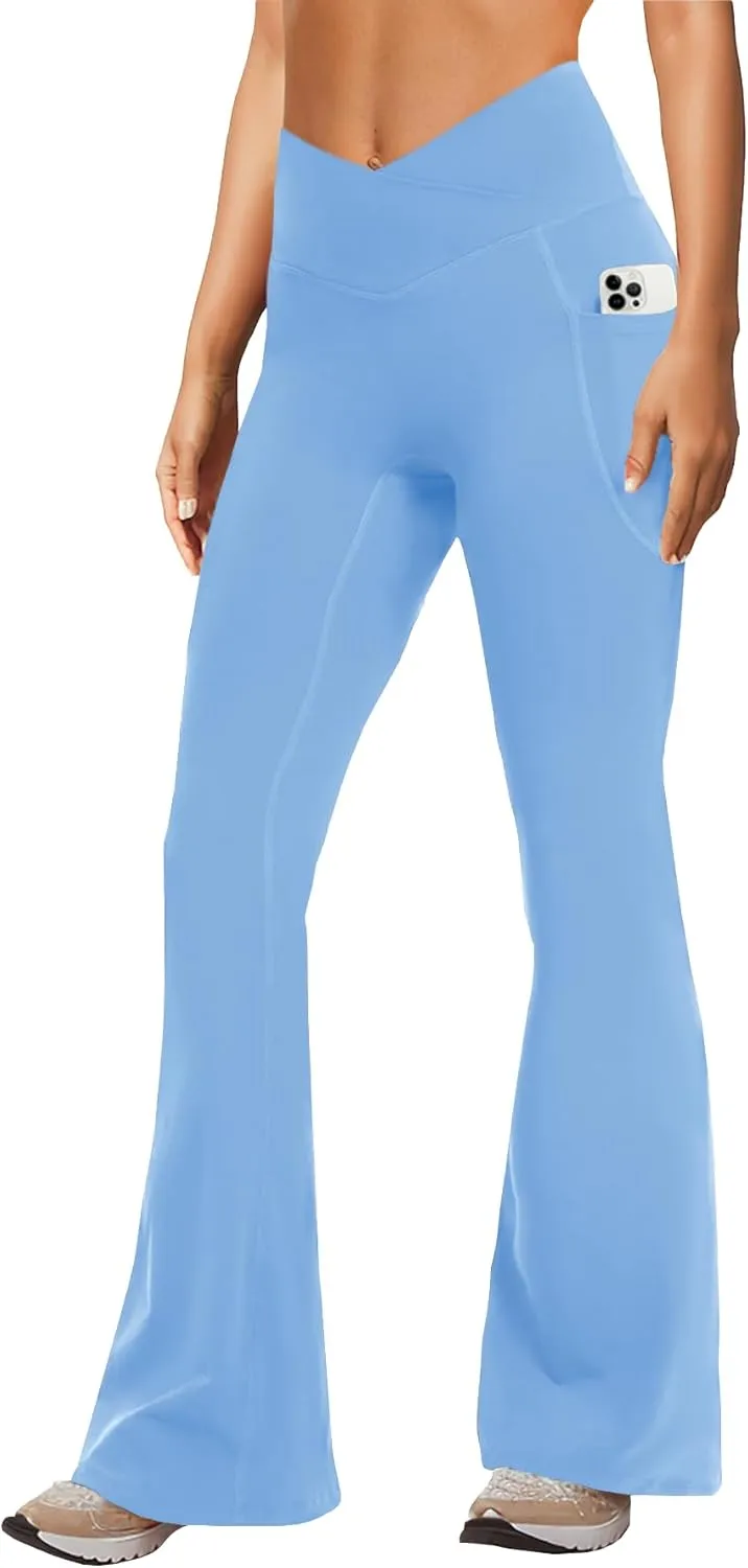 Women's Yoga Pants with Pockets No Front Seam Crossover High Waisted Flare Leggings Tummy Control Bootcut Pants