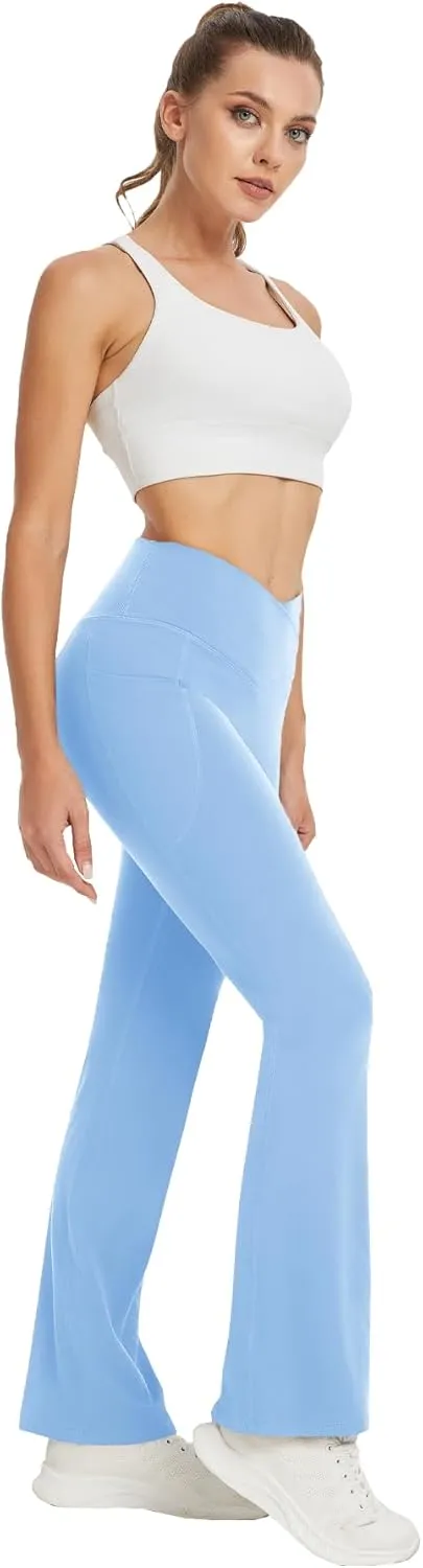 Women's Yoga Pants with Pockets No Front Seam Crossover High Waisted Flare Leggings Tummy Control Bootcut Pants