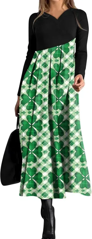 Women'sFashionable V Neck Long Sleeved Floral Print Waist Pocket Casual Large Swing Dress St Patricks Day