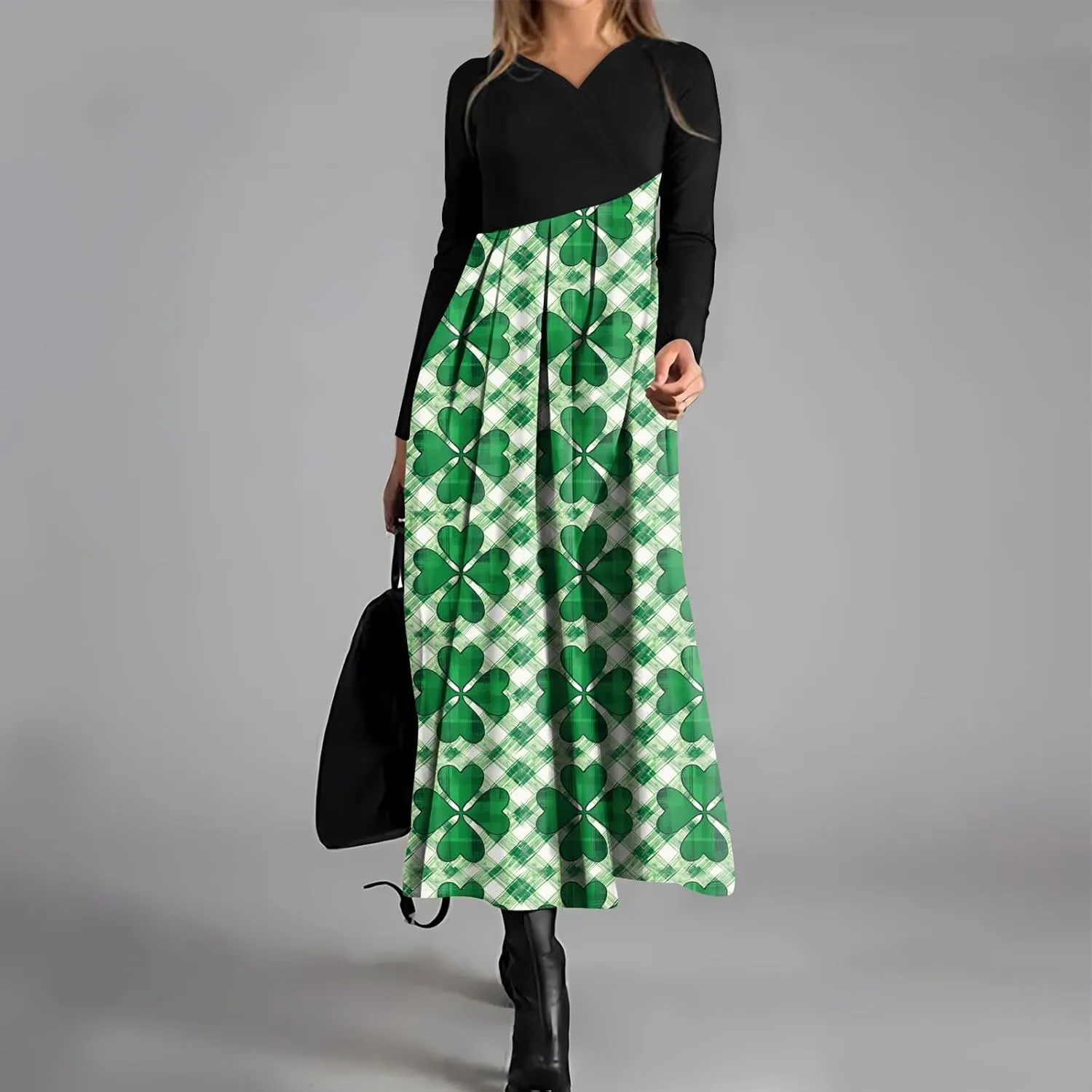 Women'sFashionable V Neck Long Sleeved Floral Print Waist Pocket Casual Large Swing Dress St Patricks Day