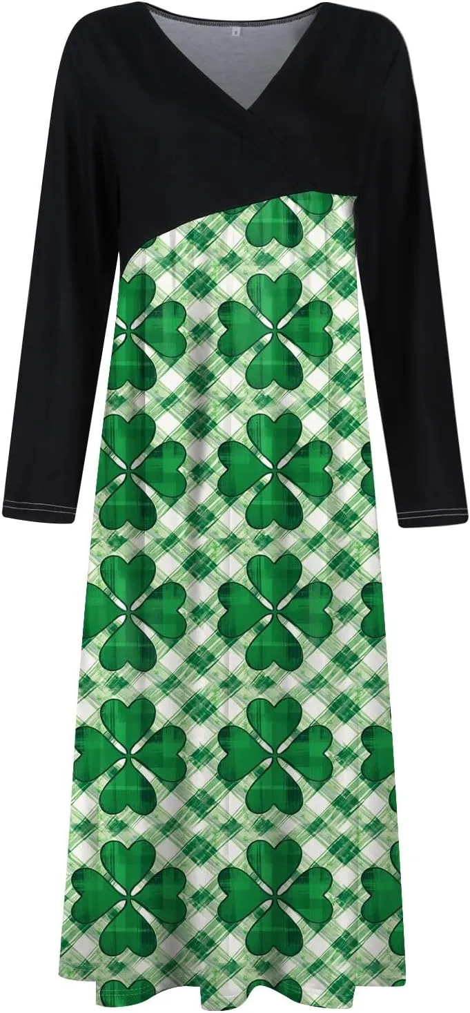 Women'sFashionable V Neck Long Sleeved Floral Print Waist Pocket Casual Large Swing Dress St Patricks Day