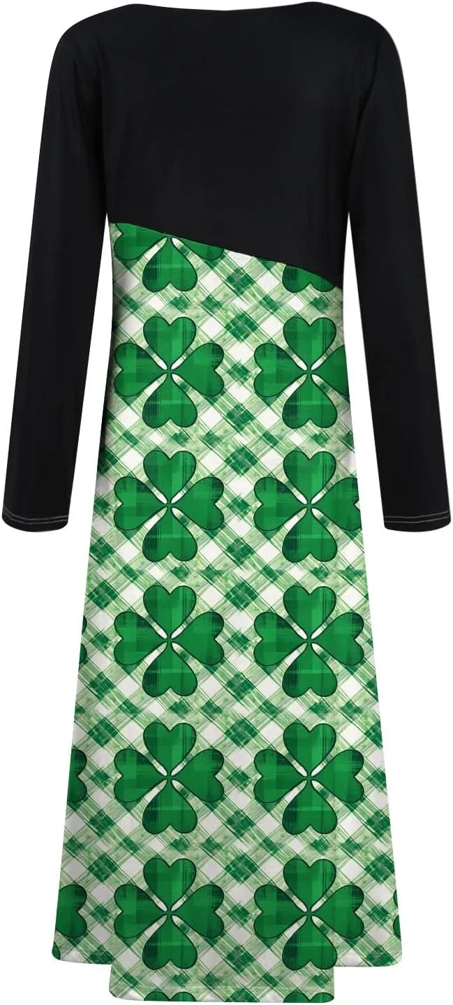 Women'sFashionable V Neck Long Sleeved Floral Print Waist Pocket Casual Large Swing Dress St Patricks Day