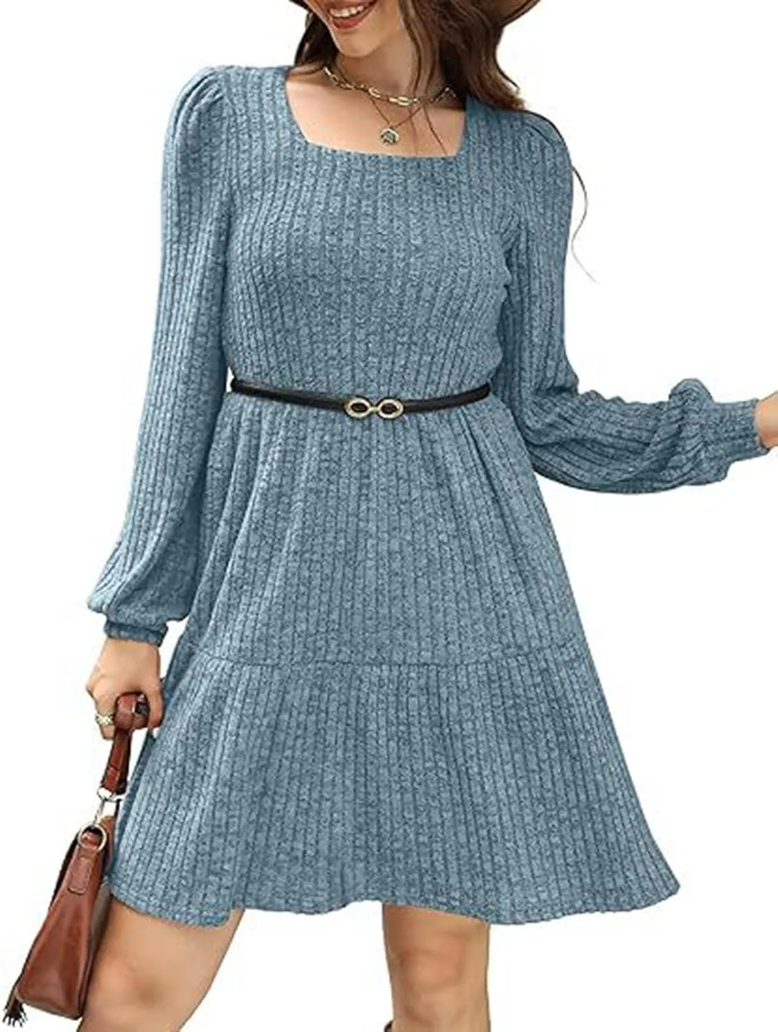 Xiaojmake Womens Square Neck Sweater Dress Long Sleeve Knit Dresses Fall Casual Babydoll Dress Ruffle A-Line Mini Dresses