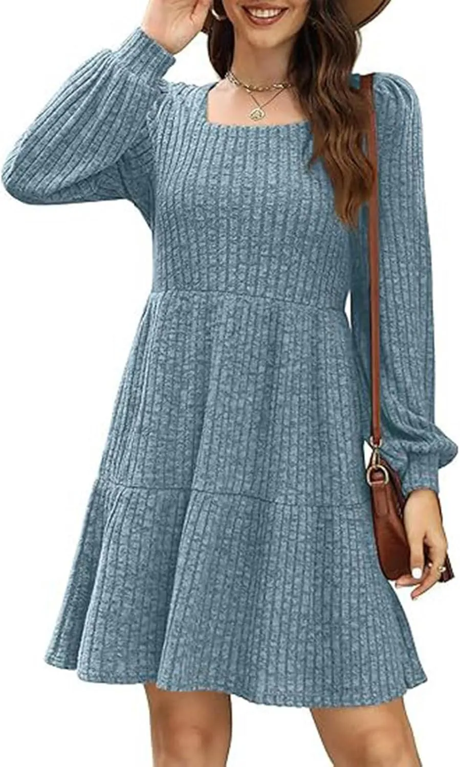 Xiaojmake Womens Square Neck Sweater Dress Long Sleeve Knit Dresses Fall Casual Babydoll Dress Ruffle A-Line Mini Dresses
