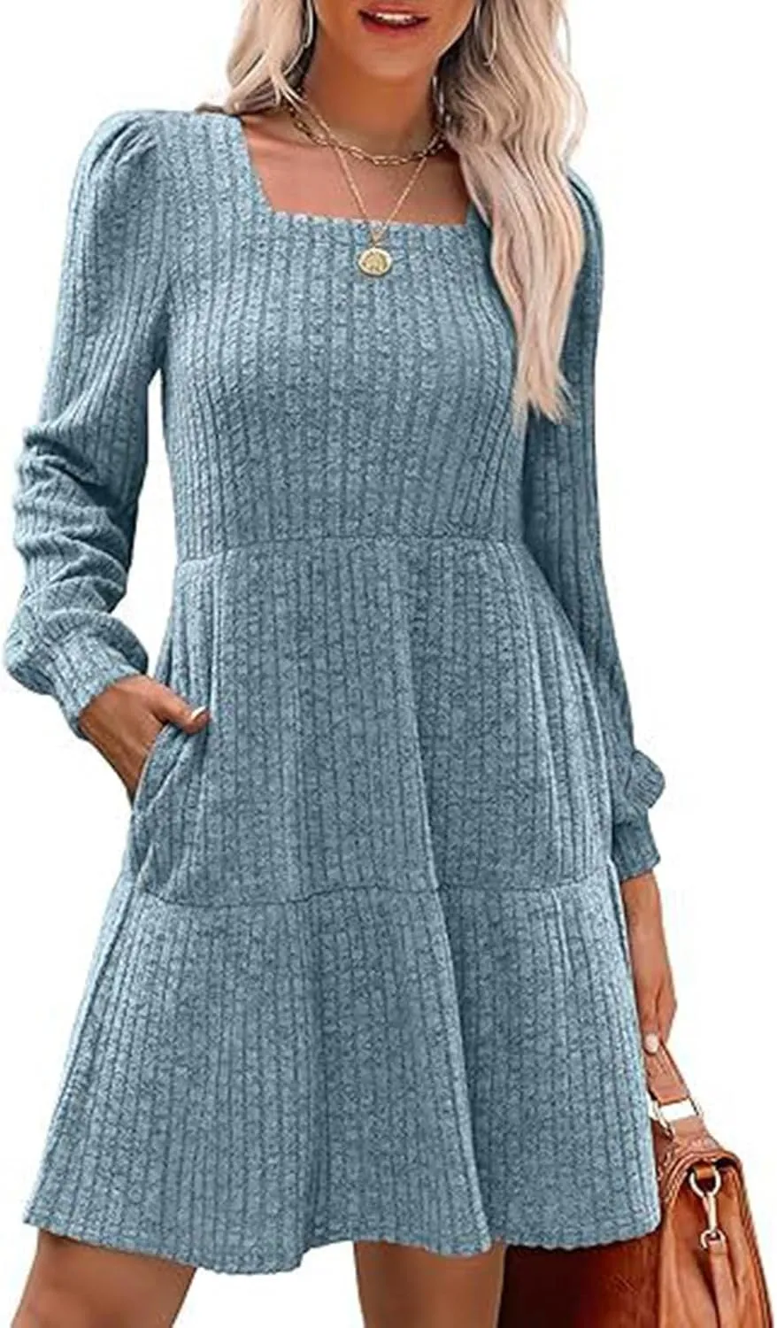 Xiaojmake Womens Square Neck Sweater Dress Long Sleeve Knit Dresses Fall Casual Babydoll Dress Ruffle A-Line Mini Dresses