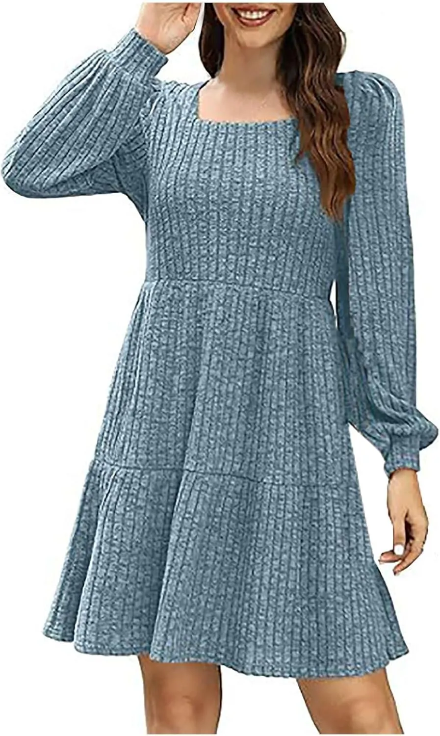 Xiaojmake Womens Square Neck Sweater Dress Long Sleeve Knit Dresses Fall Casual Babydoll Dress Ruffle A-Line Mini Dresses
