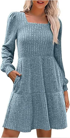 Xiaojmake Womens Square Neck Sweater Dress Long Sleeve Knit Dresses Fall Casual Babydoll Dress Ruffle A-Line Mini Dresses