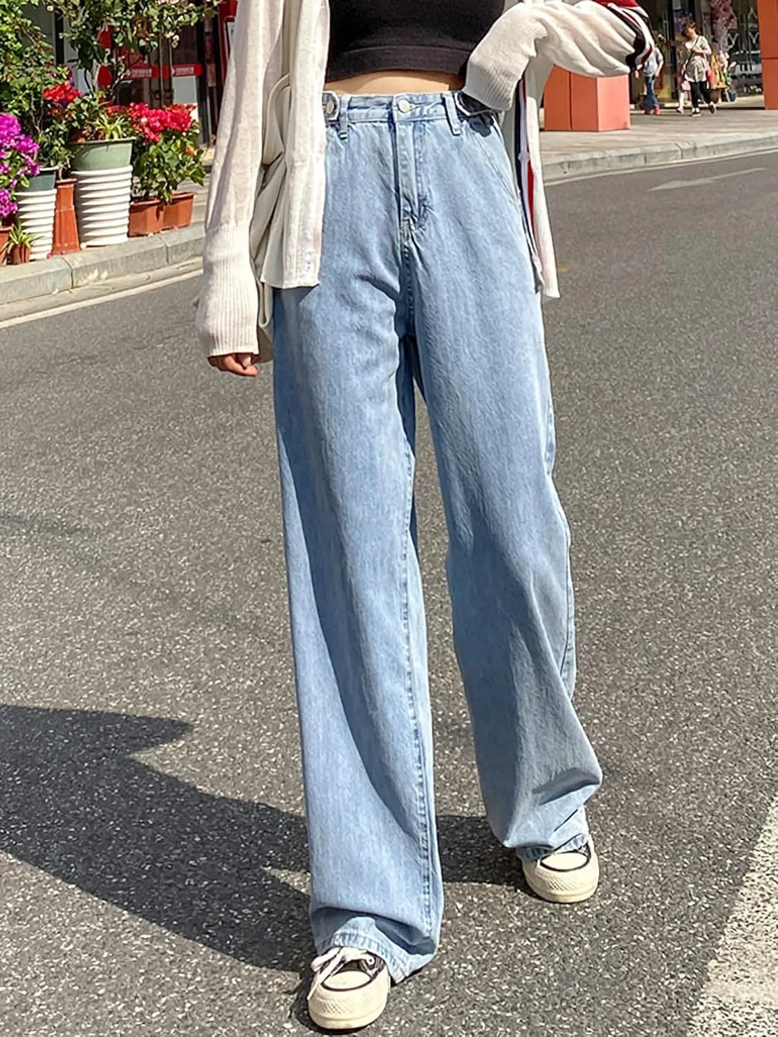 Xineicy Women's Baggy Boyfriend Jeans High Waist Distressed Denim Pants Wide Leg Straight Trousers Streetwear Pants