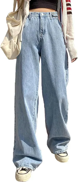 Xineicy Women's Baggy Boyfriend Jeans High Waist Distressed Denim Pants Wide Leg Straight Trousers Streetwear Pants