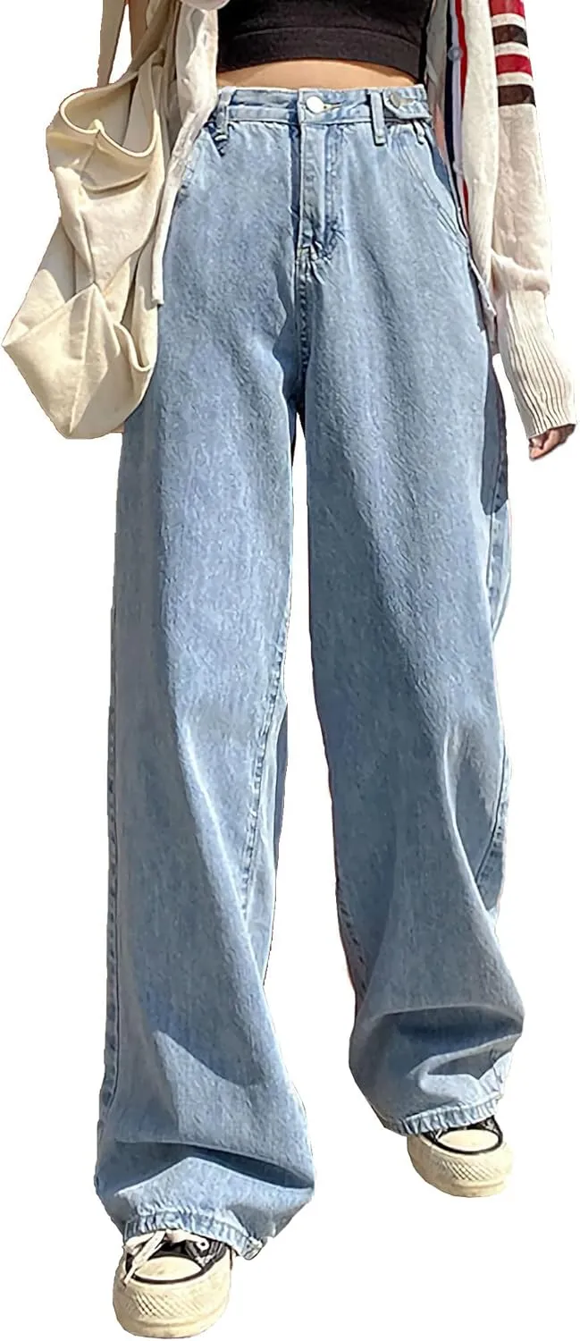 Xineicy Women's Baggy Boyfriend Jeans High Waist Distressed Denim Pants Wide Leg Straight Trousers Streetwear Pants