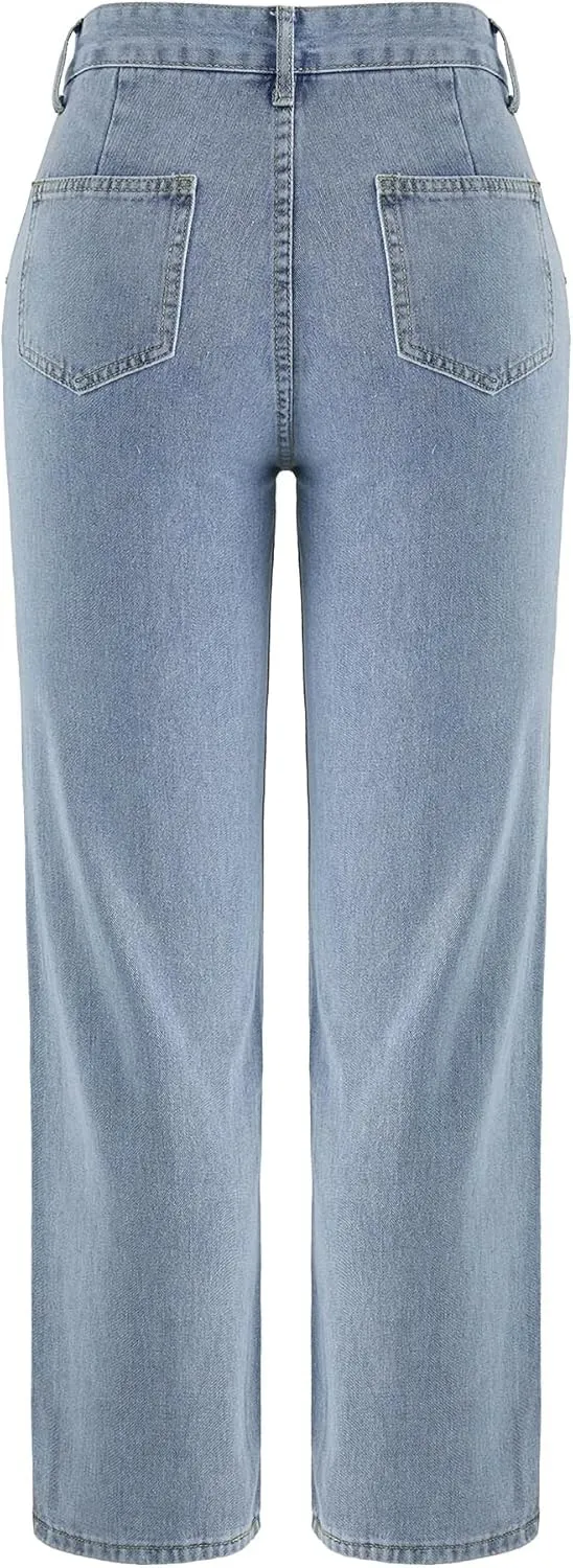 Xineicy Women's Baggy Boyfriend Jeans High Waist Distressed Denim Pants Wide Leg Straight Trousers Streetwear Pants