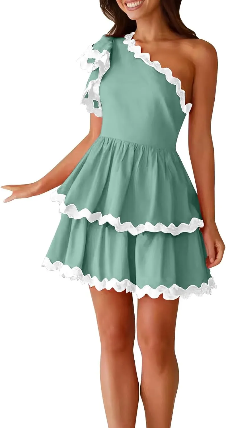 XOWRTE Women's 2024 Summer One Shoulder Dresses Ruffle Short Sleeve Tiered Layered Swing A Line Mini Short Sundress for Women