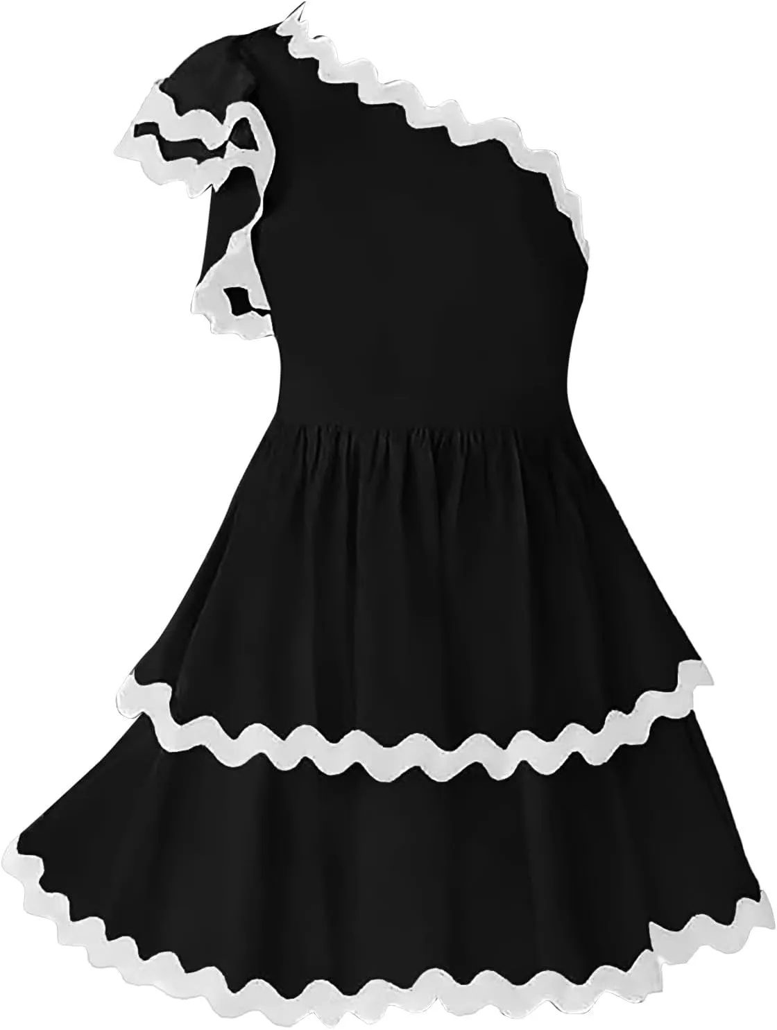 XOWRTE Women's 2024 Summer One Shoulder Dresses Ruffle Short Sleeve Tiered Layered Swing A Line Mini Short Sundress for Women