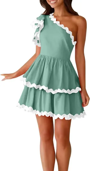 XOWRTE Women's 2024 Summer One Shoulder Dresses Ruffle Short Sleeve Tiered Layered Swing A Line Mini Short Sundress for Women