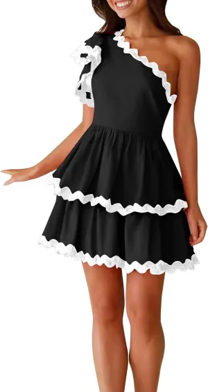XOWRTE Women's 2024 Summer One Shoulder Dresses Ruffle Short Sleeve Tiered Layered Swing A Line Mini Short Sundress for Women