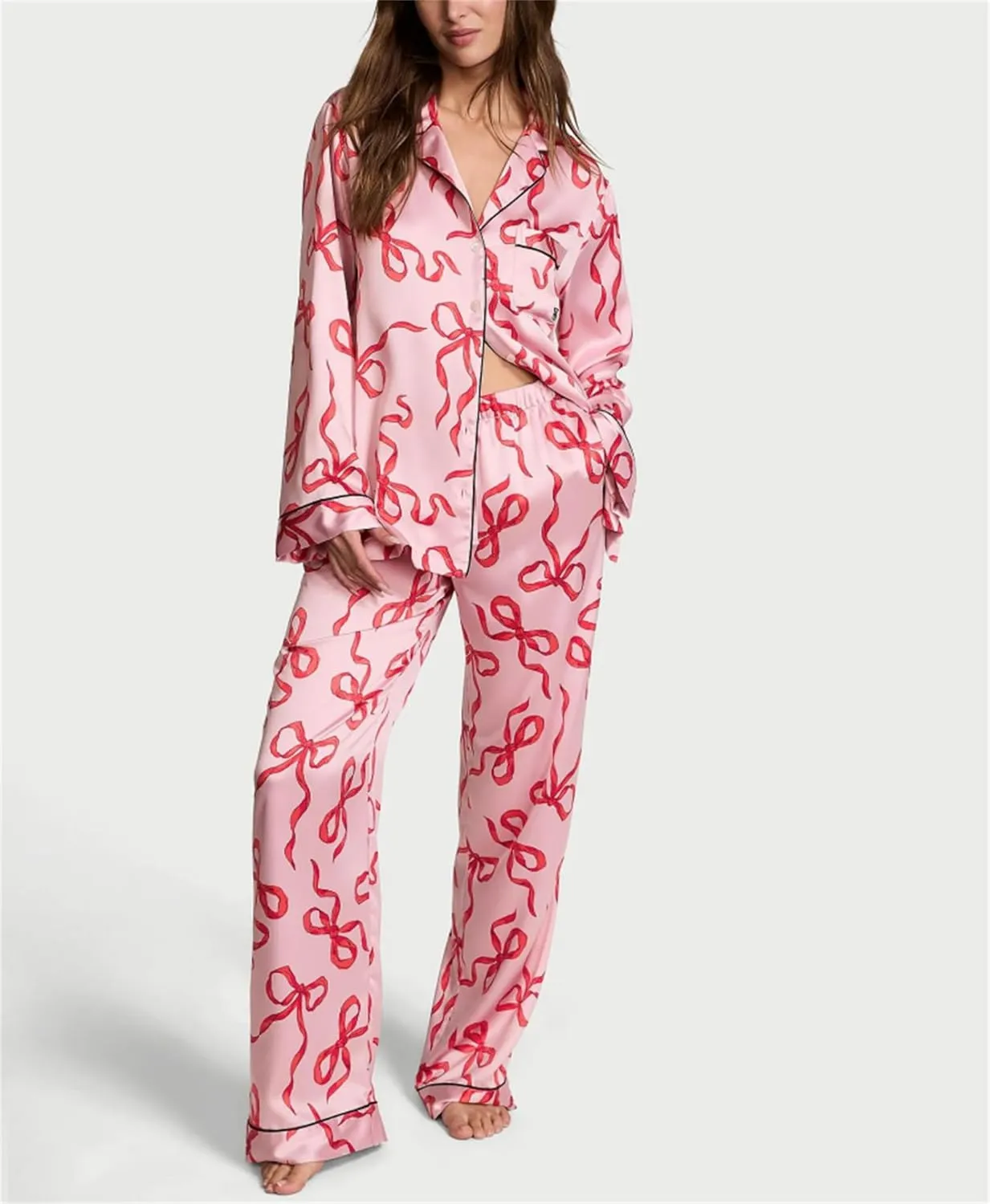 Yuemengxuan Valentine's Day Bow Pajamas for Women 2 Piece Sain Silk Pj Set Long Sleeve Bow Knot Loose Shirt Pants Lounge Set