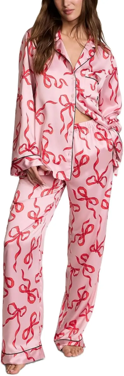 Yuemengxuan Valentine's Day Bow Pajamas for Women 2 Piece Sain Silk Pj Set Long Sleeve Bow Knot Loose Shirt Pants Lounge Set