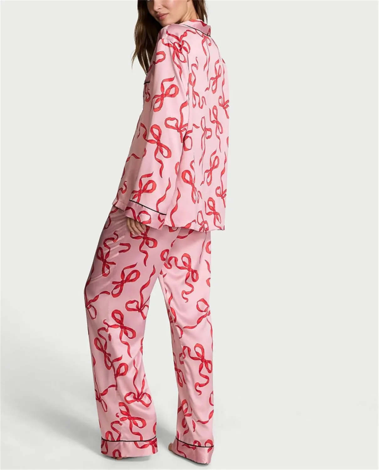 Yuemengxuan Valentine's Day Bow Pajamas for Women 2 Piece Sain Silk Pj Set Long Sleeve Bow Knot Loose Shirt Pants Lounge Set