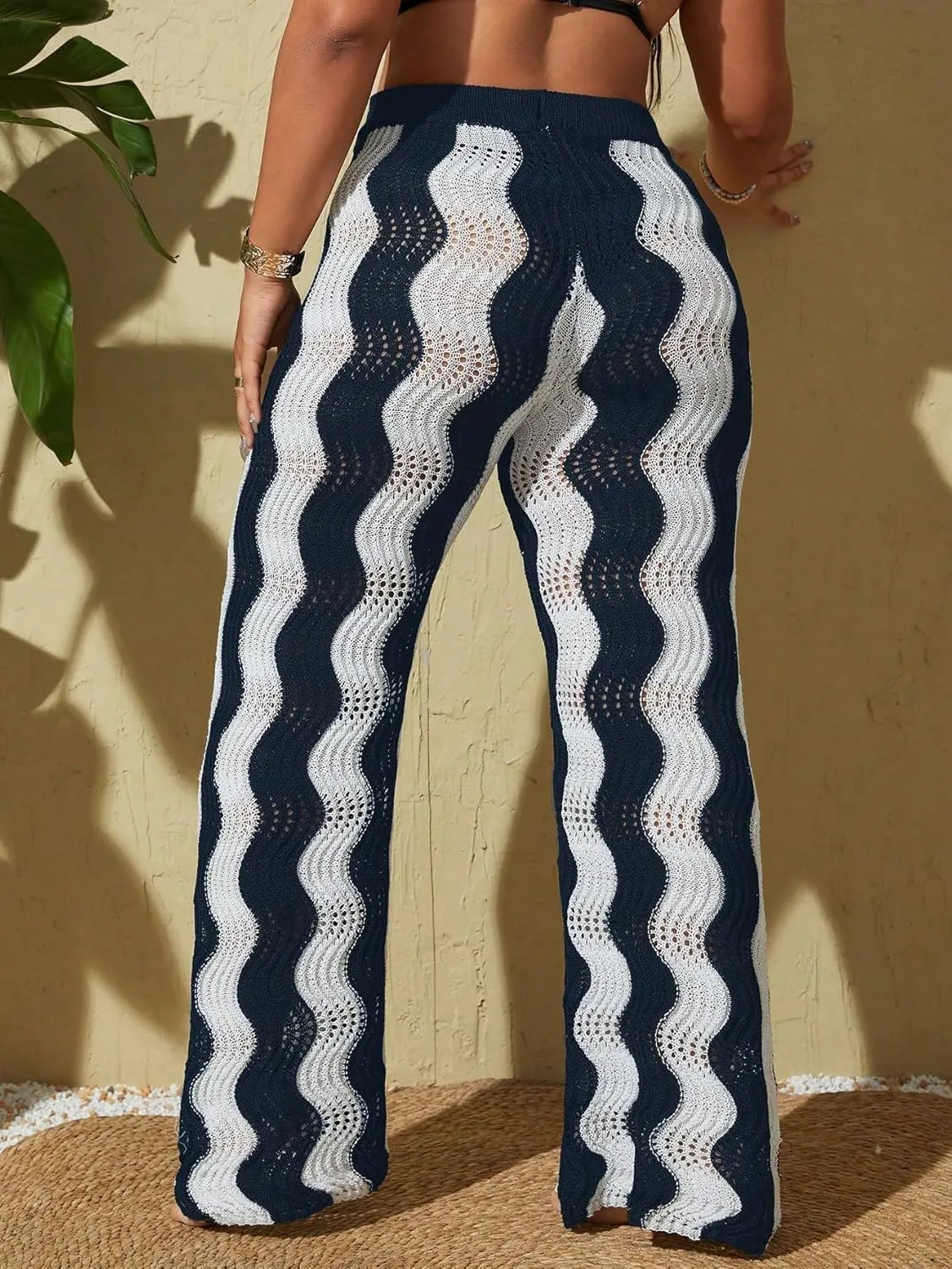 ZAFUL Women's Beach Cover Up Pants Hollow Out Plus Size Drawstring Elastic High Waist Swimsuit Cover Up Beach Long Pants