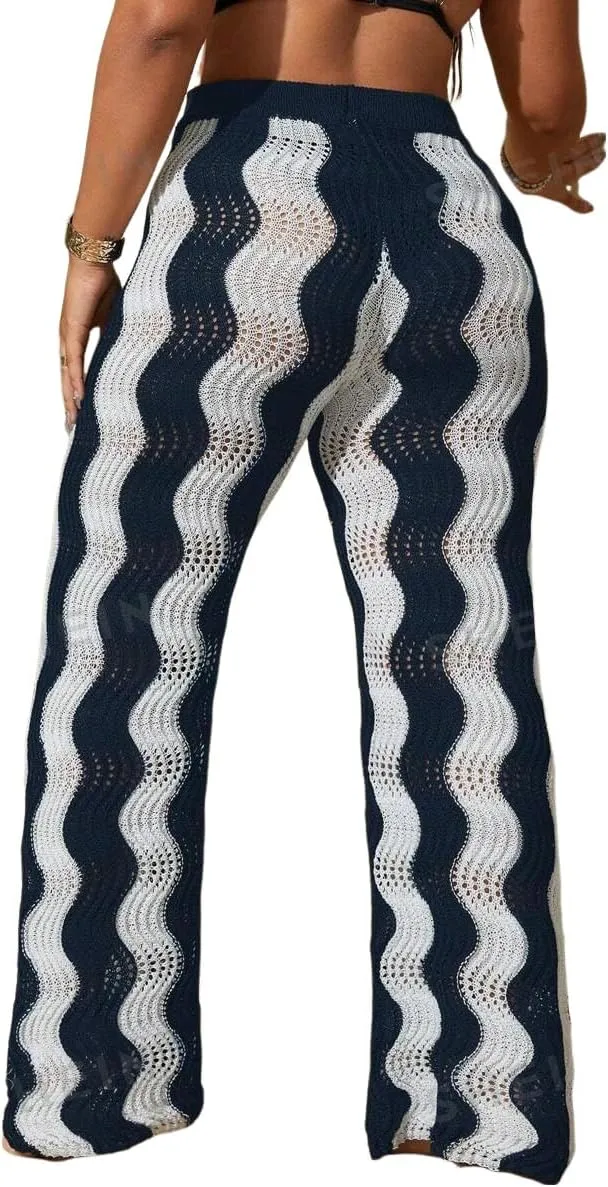 ZAFUL Women's Beach Cover Up Pants Hollow Out Plus Size Drawstring Elastic High Waist Swimsuit Cover Up Beach Long Pants