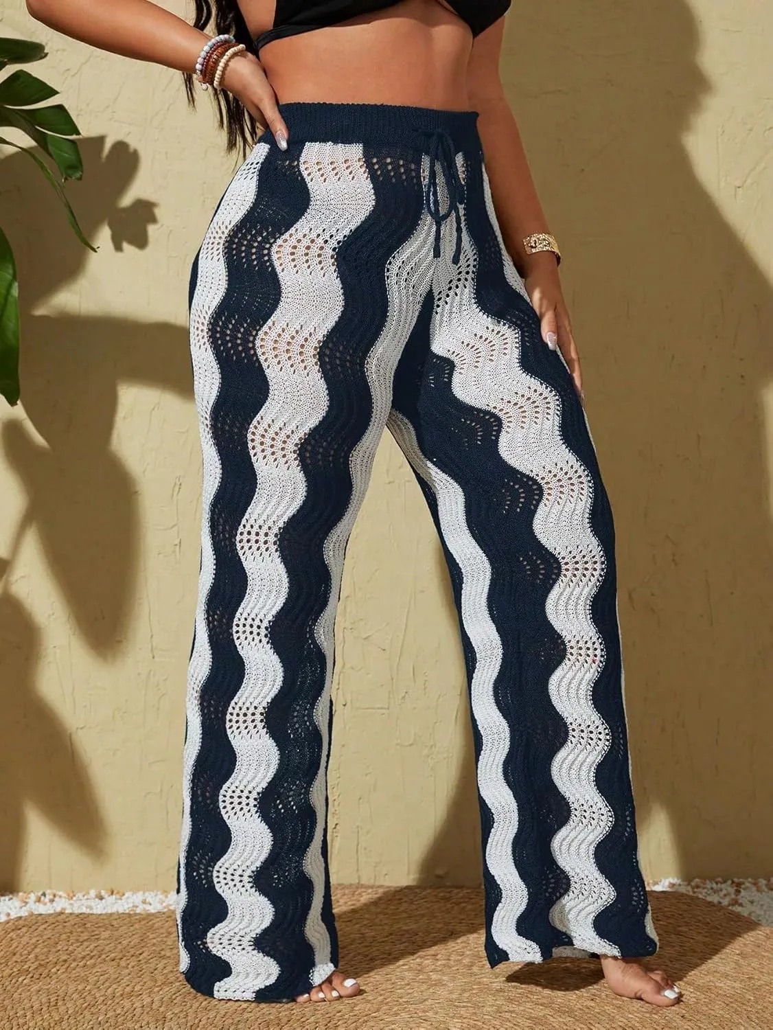 ZAFUL Women's Beach Cover Up Pants Hollow Out Plus Size Drawstring Elastic High Waist Swimsuit Cover Up Beach Long Pants