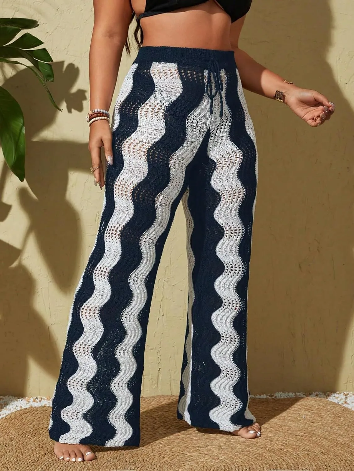 ZAFUL Women's Beach Cover Up Pants Hollow Out Plus Size Drawstring Elastic High Waist Swimsuit Cover Up Beach Long Pants