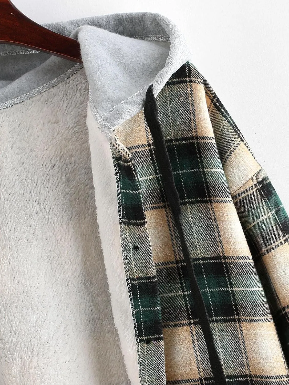 ZAFUL Women's Plaid Fleece Lined Hooded Jacket Button Up Oversized Fuzzy Coat Checkered Flannel Hoodie Jacket
