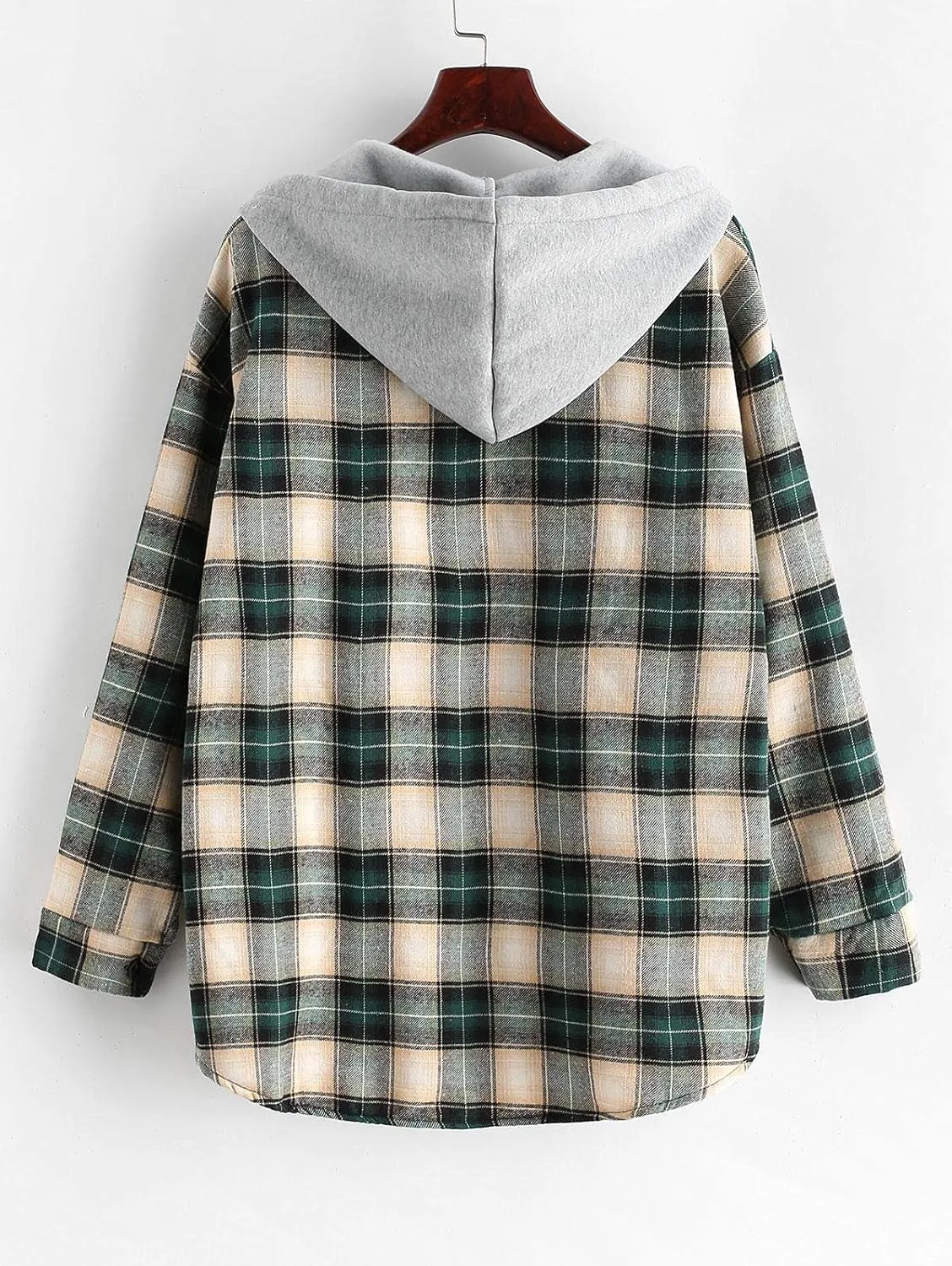 ZAFUL Women's Plaid Fleece Lined Hooded Jacket Button Up Oversized Fuzzy Coat Checkered Flannel Hoodie Jacket