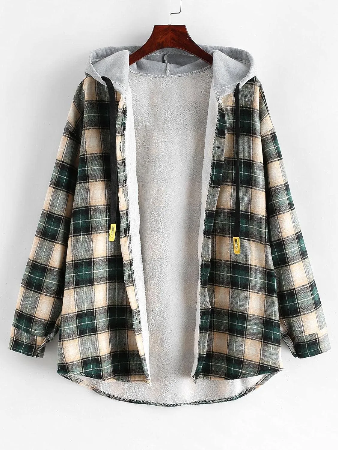 ZAFUL Women's Plaid Fleece Lined Hooded Jacket Button Up Oversized Fuzzy Coat Checkered Flannel Hoodie Jacket