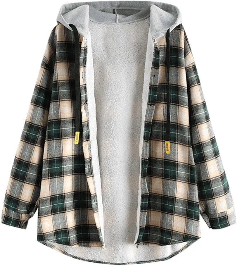 ZAFUL Women's Plaid Fleece Lined Hooded Jacket Button Up Oversized Fuzzy Coat Checkered Flannel Hoodie Jacket