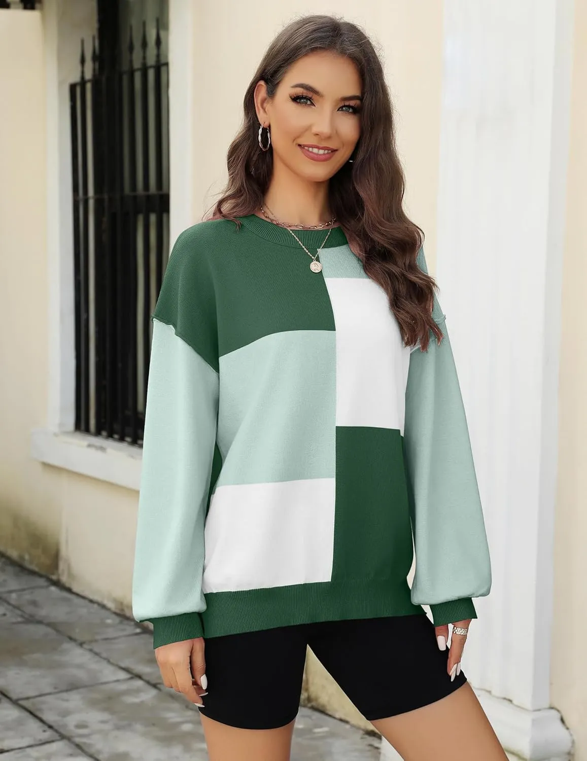 Zeagoo Womens Striped Oversized Sweater 2024 Crew Neck Long Sleeve Knitted Color Block Casual Loose Pullover Top