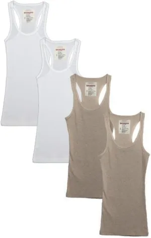 Zenana Outfitters 4 Pack Womens Ribbed Racerback Tank Top White/White/HBEIGE/HBEIGE M