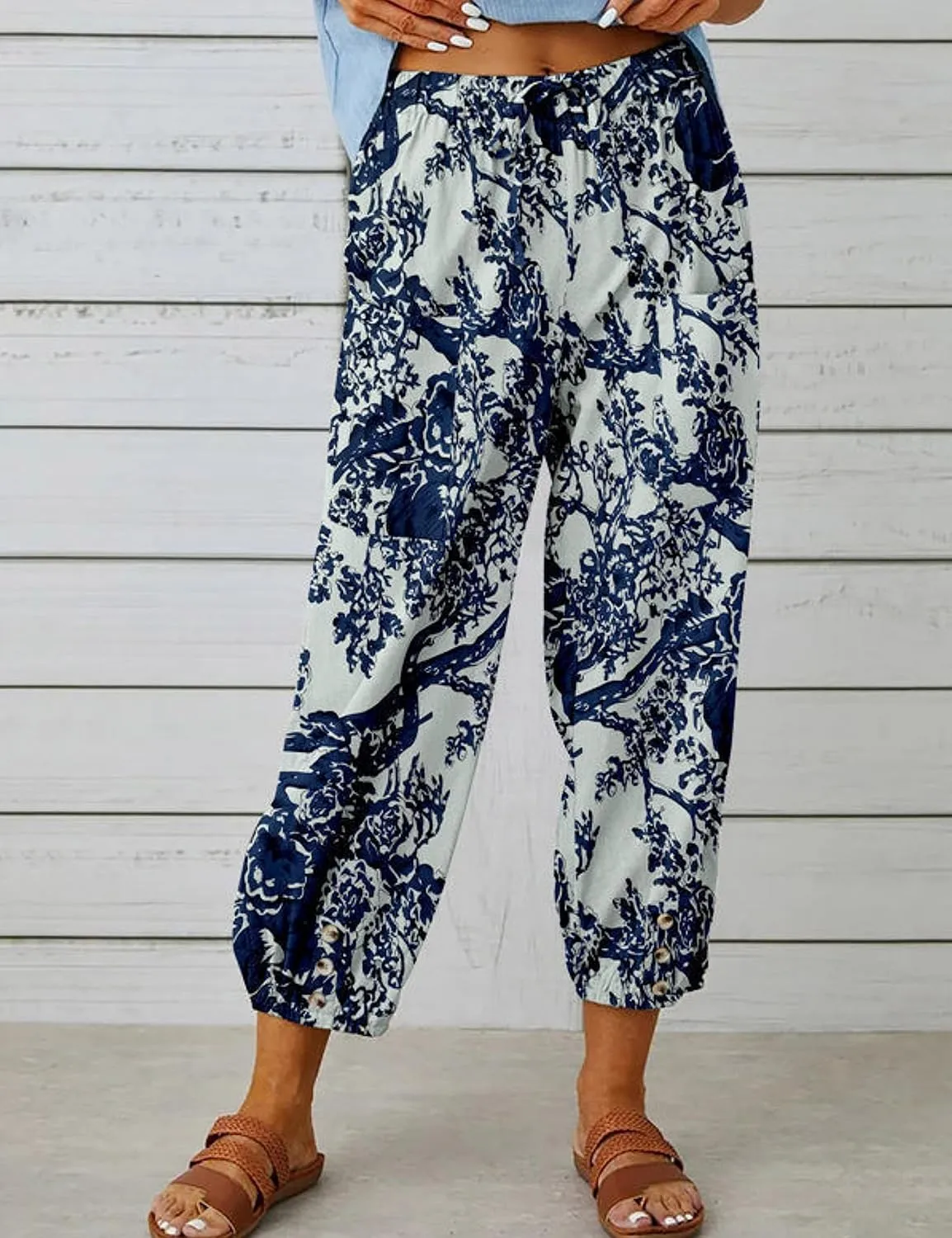 Zontroldy Linen Capri Pants for Women High Waisted Wide Leg Yoga Capris Crop Pants Sweatpants with Pockets