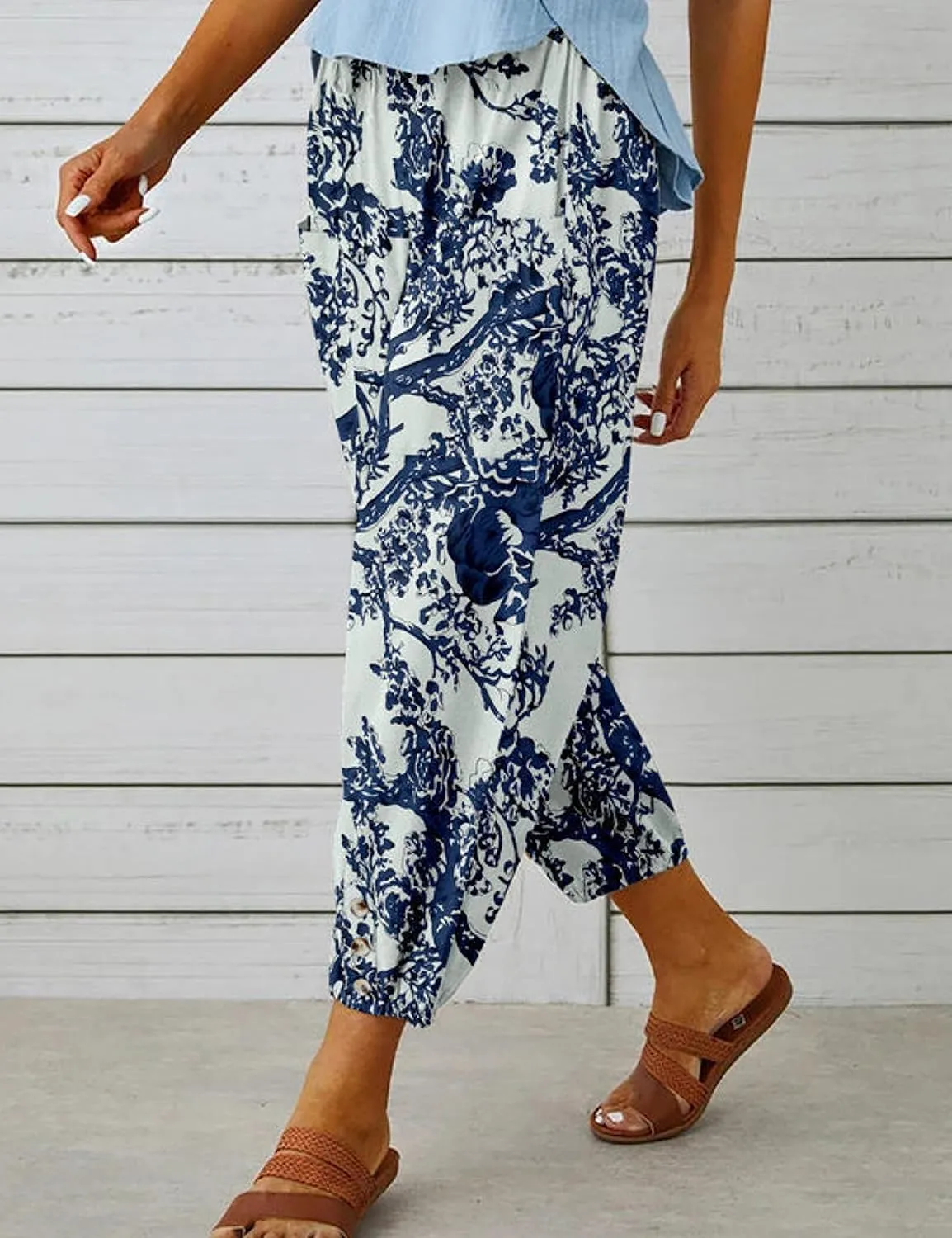 Zontroldy Linen Capri Pants for Women High Waisted Wide Leg Yoga Capris Crop Pants Sweatpants with Pockets